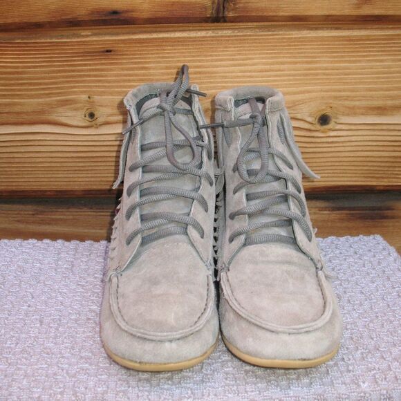 Gray Suede Fringe Bohemian Wedge Ankle Boots 6.5 - Picture 3 of 14